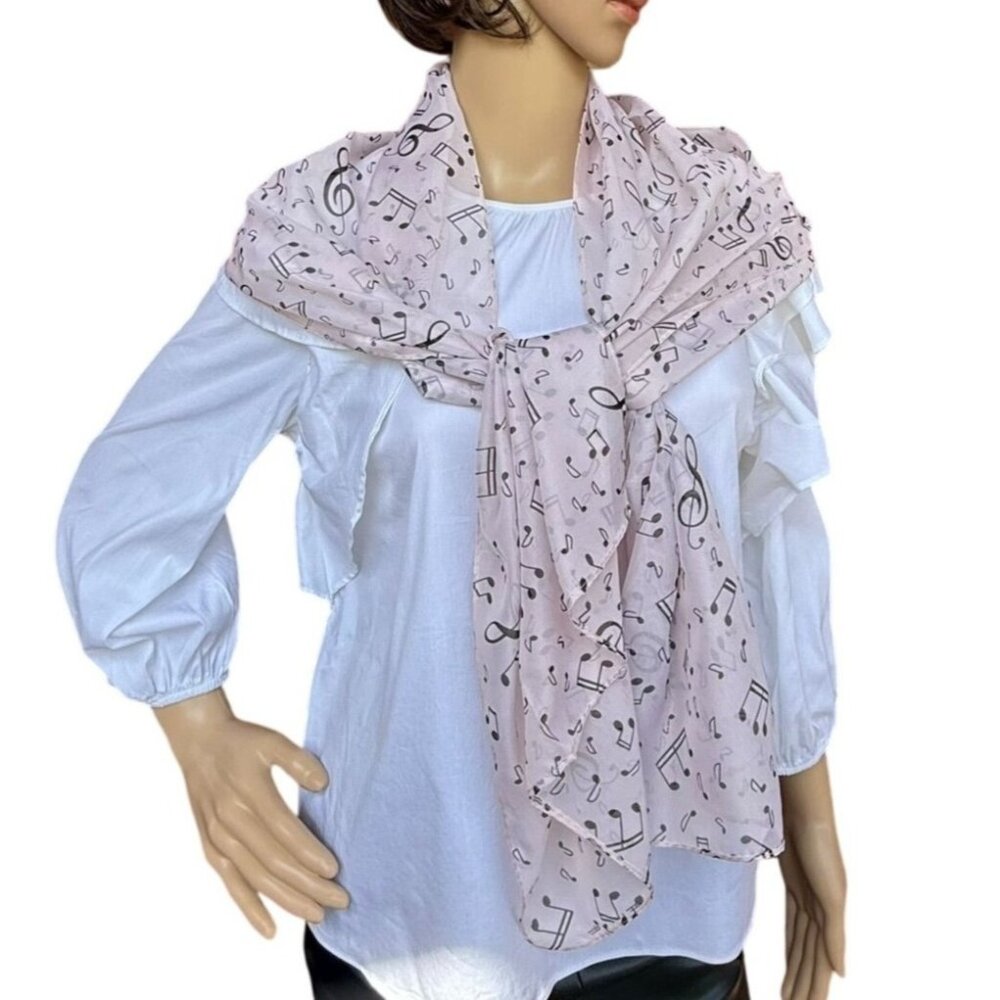 Sheer Chiffon Pink Musical Note Print Scarf Wrap 60in x 19in Musician Singer